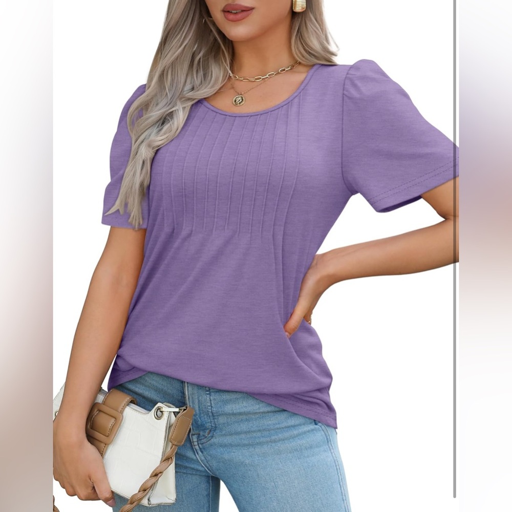 Purple Short Sleeve Pleated Dressy Casual Scooped Neck Summer Tops Blouses